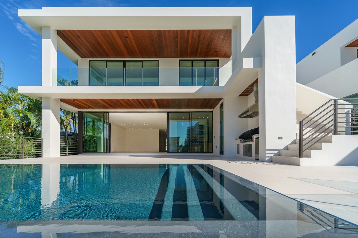 Modern white two-story home with a pool