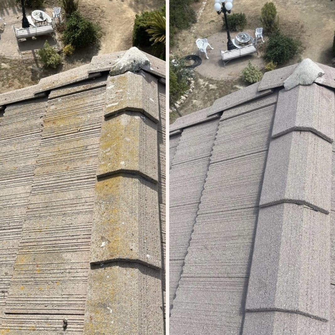 Concrete tile roof covered in lichen, then clean