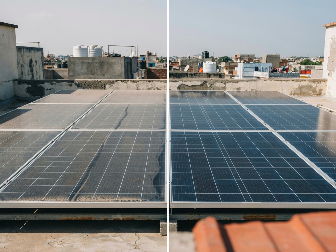 Commercial rooftop solar array, half dusty and half clean