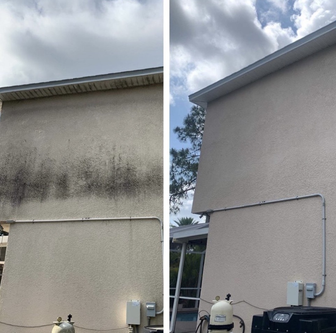 Stucco wall before and after a soft wash